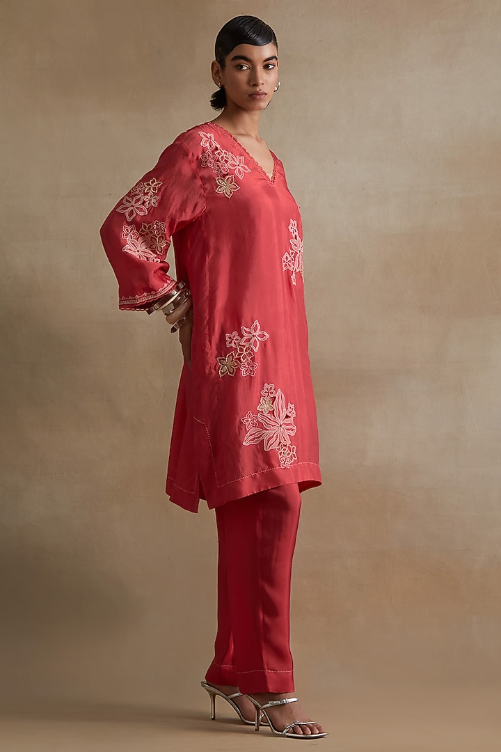 Tomato Colored Silk Floral Cutwork Tunic Set by One not two at Pernia's Pop Up Shop