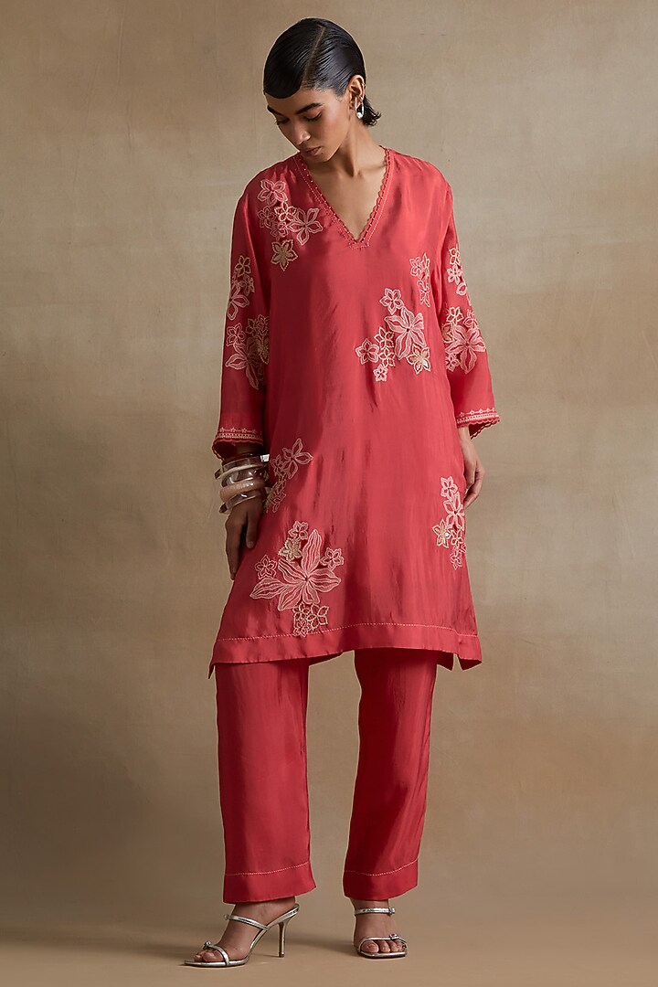 Tomato Colored Silk Floral Cutwork Tunic Set by One not two at Pernia's Pop Up Shop