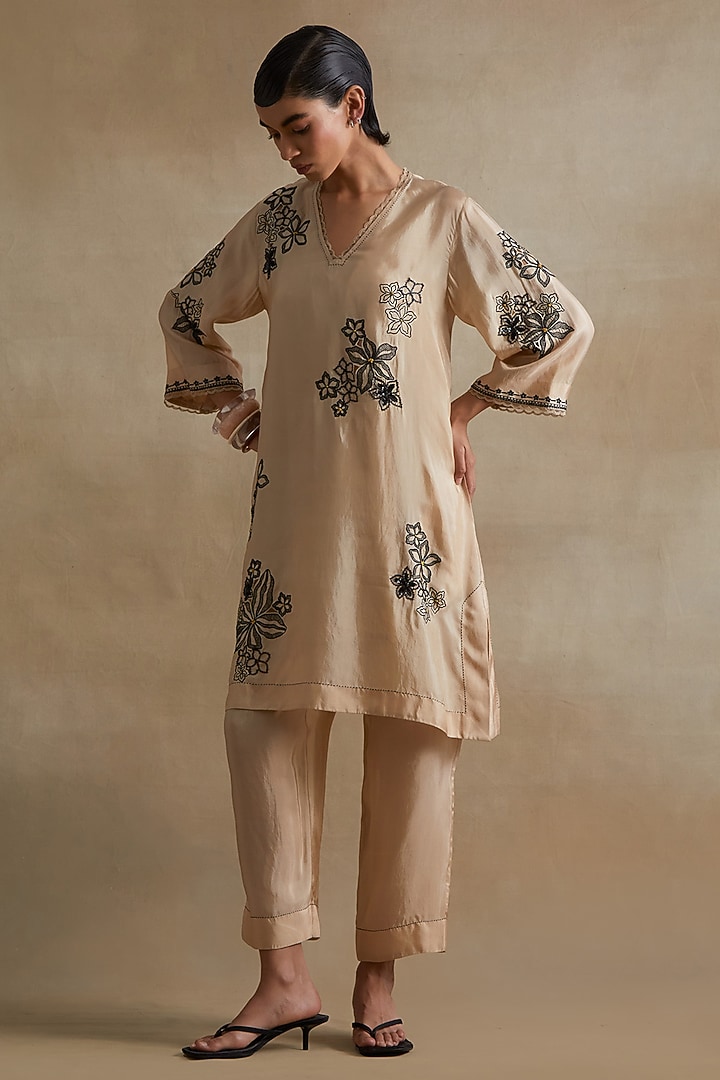 Clay Colored Silk Floral Cutwork Tunic Set by One not two at Pernia's Pop Up Shop
