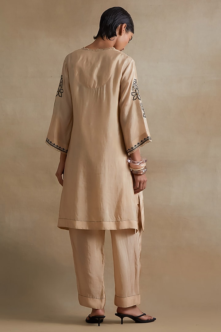 Clay Colored Silk Floral Cutwork Tunic Set by One not two at Pernia's Pop Up Shop