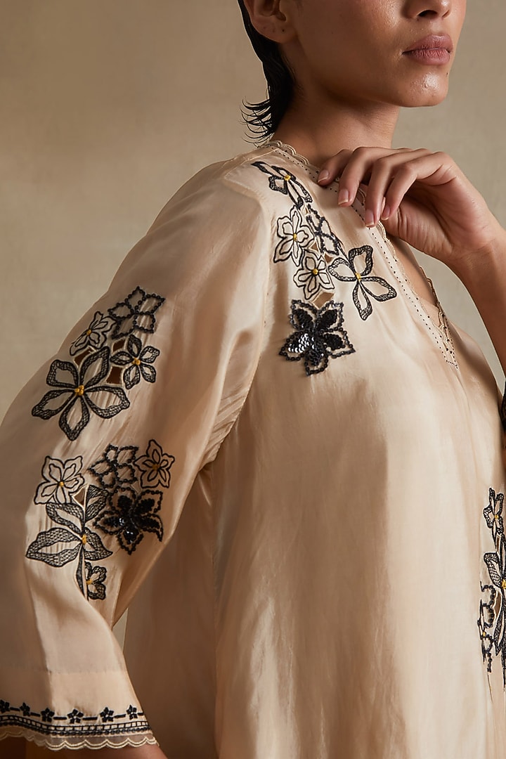 Clay Colored Silk Floral Cutwork Tunic Set by One not two at Pernia's Pop Up Shop