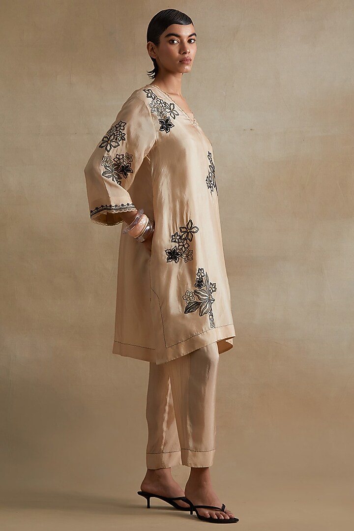 Clay Colored Silk Floral Cutwork Tunic Set by One not two at Pernia's Pop Up Shop