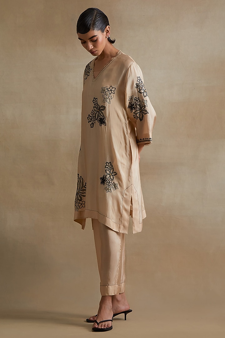 Clay Colored Silk Floral Cutwork Tunic Set by One not two at Pernia's Pop Up Shop