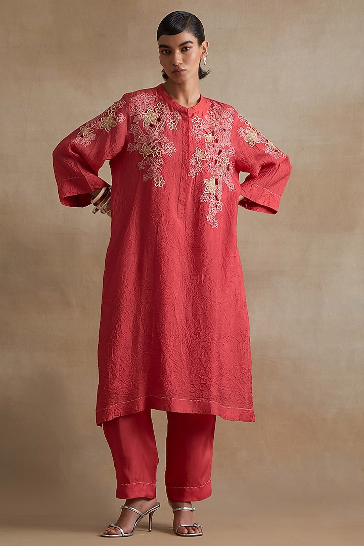 Tomato Colored Silk Floral Cutwork Kurta Set by One not two at Pernia's Pop Up Shop