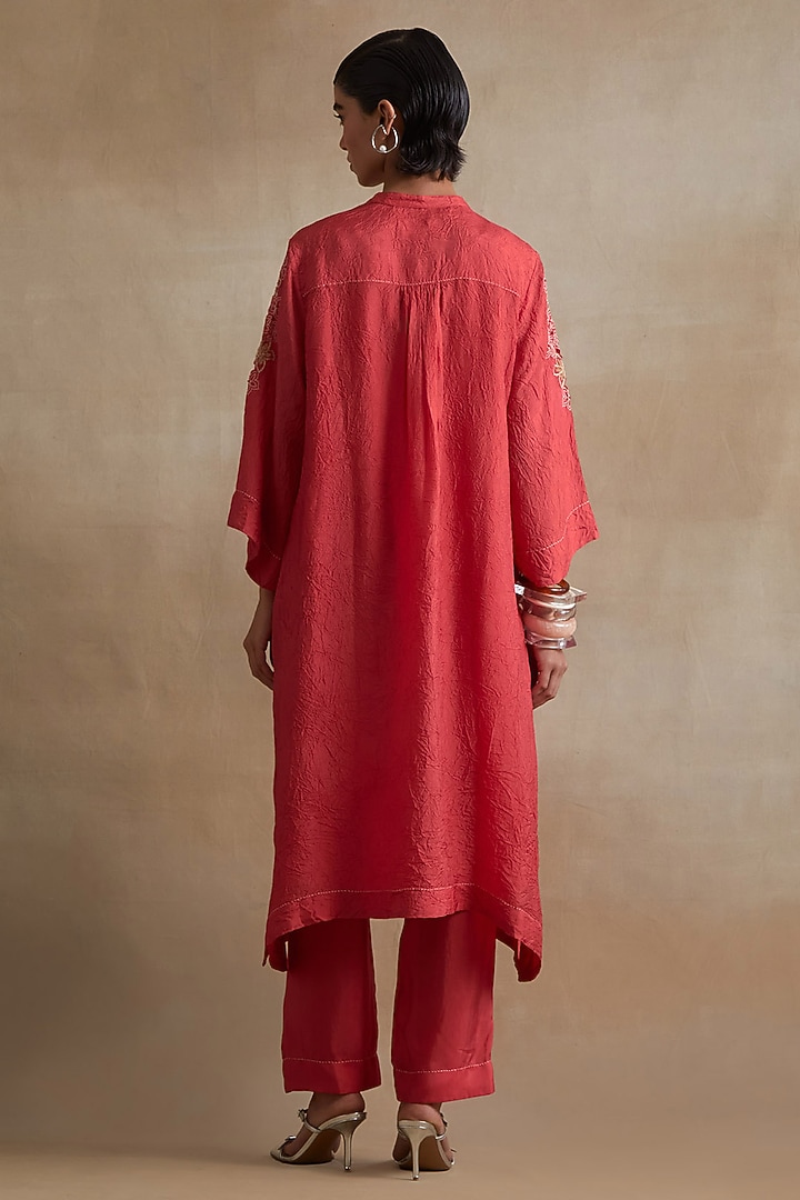 Tomato Colored Silk Floral Cutwork Kurta Set by One not two at Pernia's Pop Up Shop