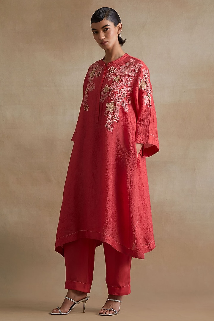 Tomato Colored Silk Floral Cutwork Kurta Set by One not two at Pernia's Pop Up Shop