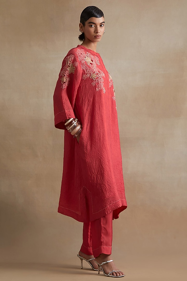 Tomato Colored Silk Floral Cutwork Kurta Set by One not two at Pernia's Pop Up Shop