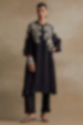 Black Silk Floral Cutwork Kurta Set by One not two at Pernia's Pop Up Shop
