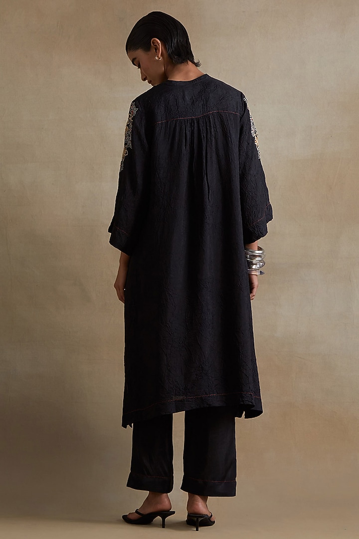 Black Silk Floral Cutwork Kurta Set by One not two at Pernia's Pop Up Shop
