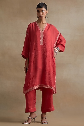Tomato Colored Silk Thread Hand Embroidered Kaftan Set by One not two