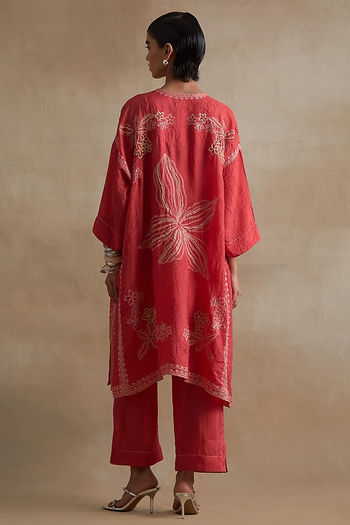 Tomato Colored Silk Thread Hand Embroidered Kaftan Set by One not two at Pernia's Pop Up Shop