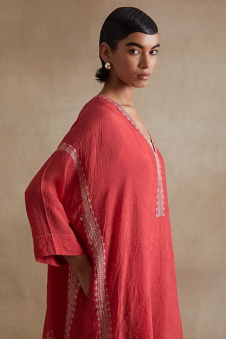 Tomato Colored Silk Thread Hand Embroidered Kaftan Set by One not two at Pernia's Pop Up Shop