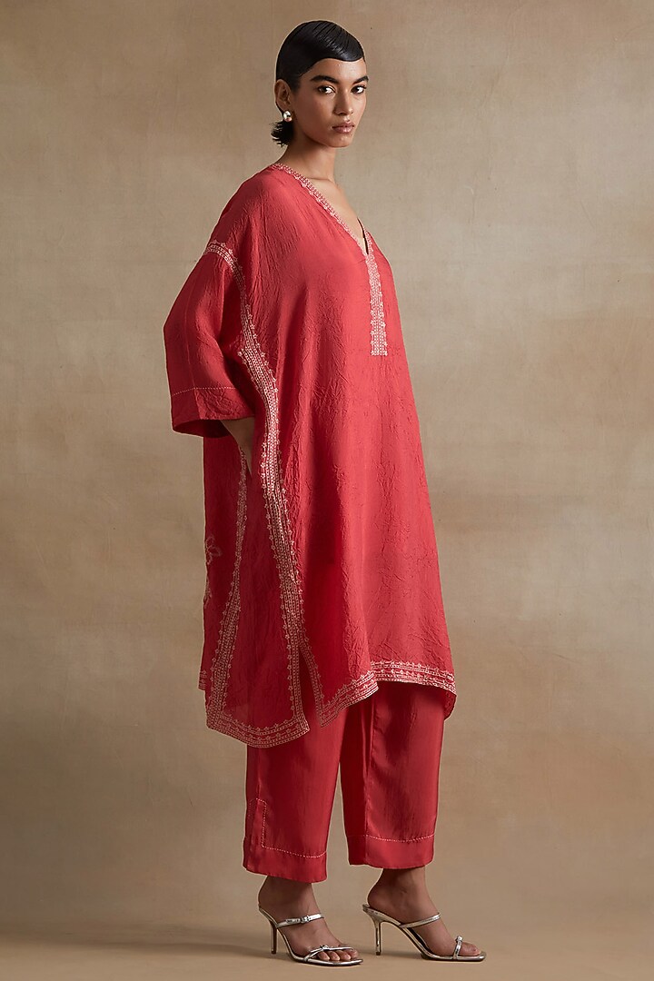 Tomato Colored Silk Thread Hand Embroidered Kaftan Set by One not two at Pernia's Pop Up Shop