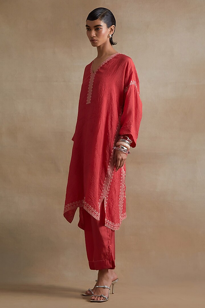 Tomato Colored Silk Thread Hand Embroidered Kaftan Set by One not two at Pernia's Pop Up Shop