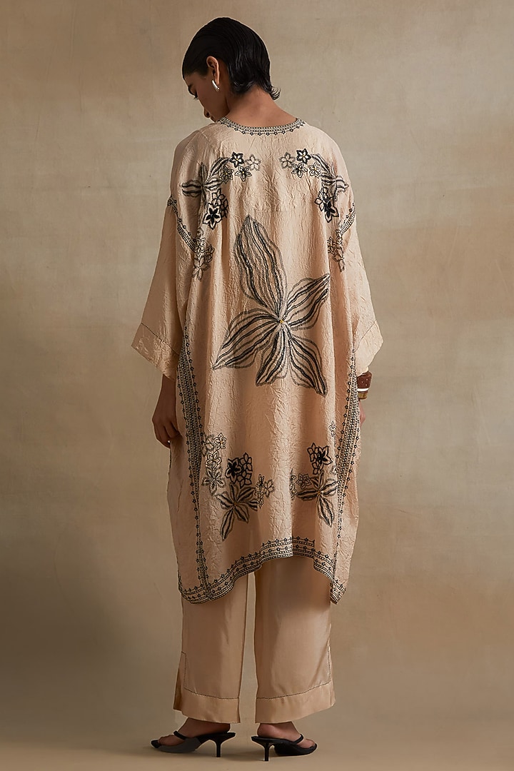 Clay Colored Silk Thread Hand Embroidered Kaftan Set by One not two at Pernia's Pop Up Shop