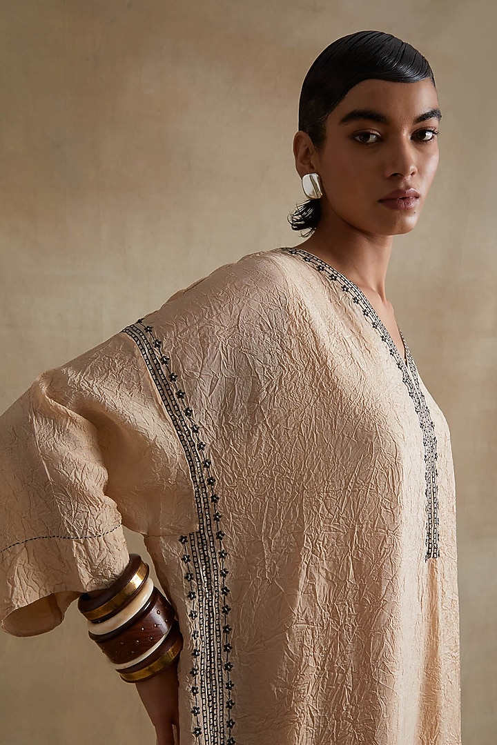 Clay Colored Silk Thread Hand Embroidered Kaftan Set by One not two at Pernia's Pop Up Shop