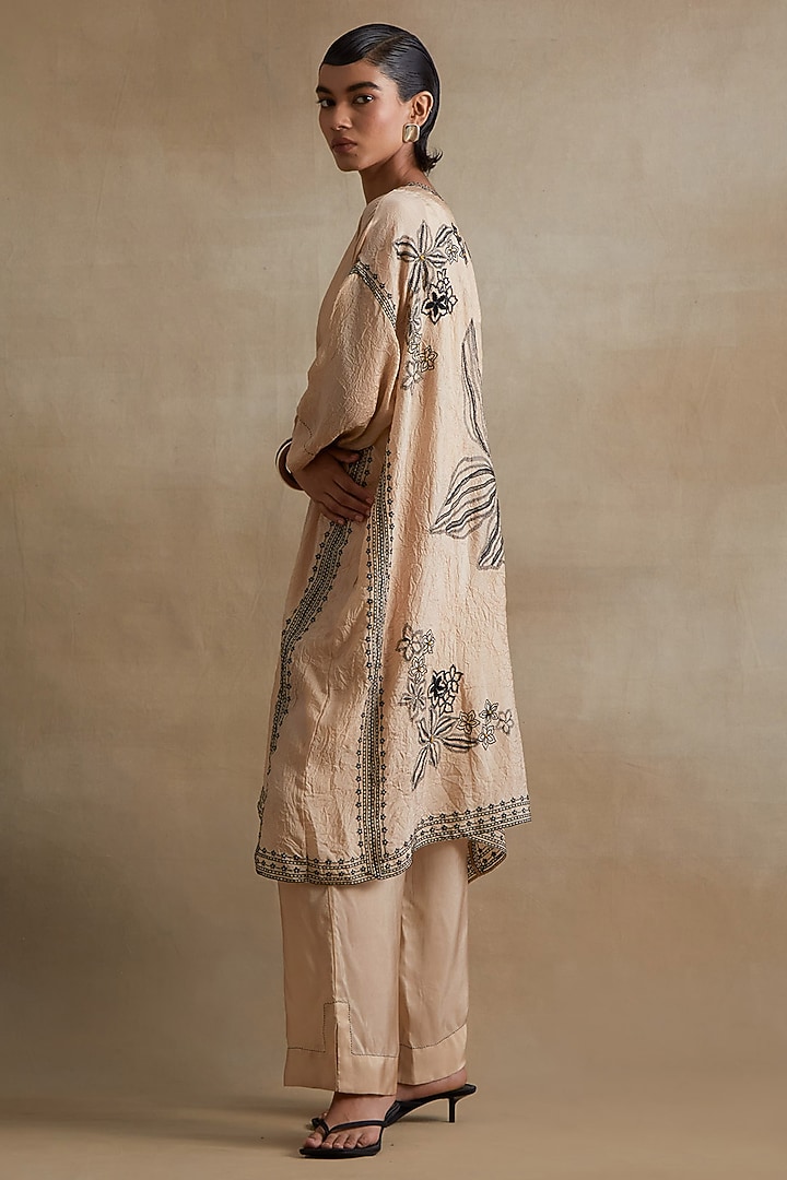 Clay Colored Silk Thread Hand Embroidered Kaftan Set by One not two at Pernia's Pop Up Shop