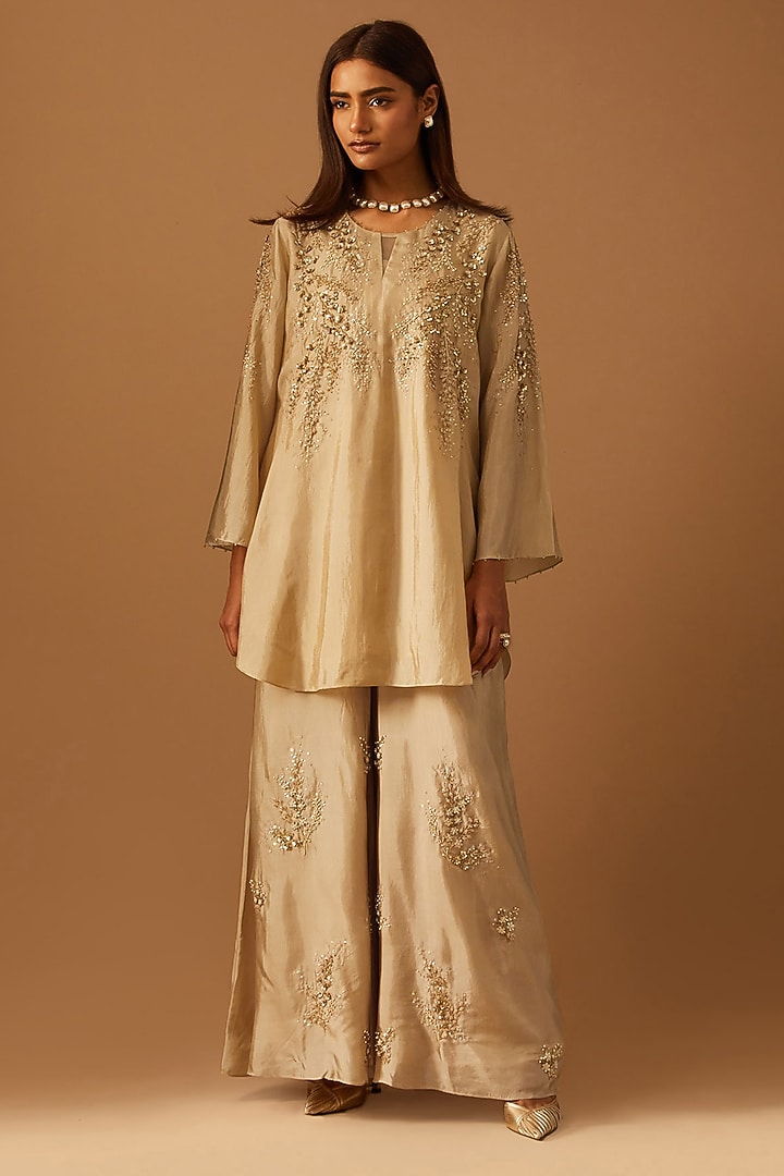 Shell-Colored Silk Hand Embroidered Wedding Sharara Set by One not two at Pernia's Pop Up Shop