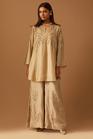 Shell-Colored Silk Hand Embroidered Sharara Set by One not two