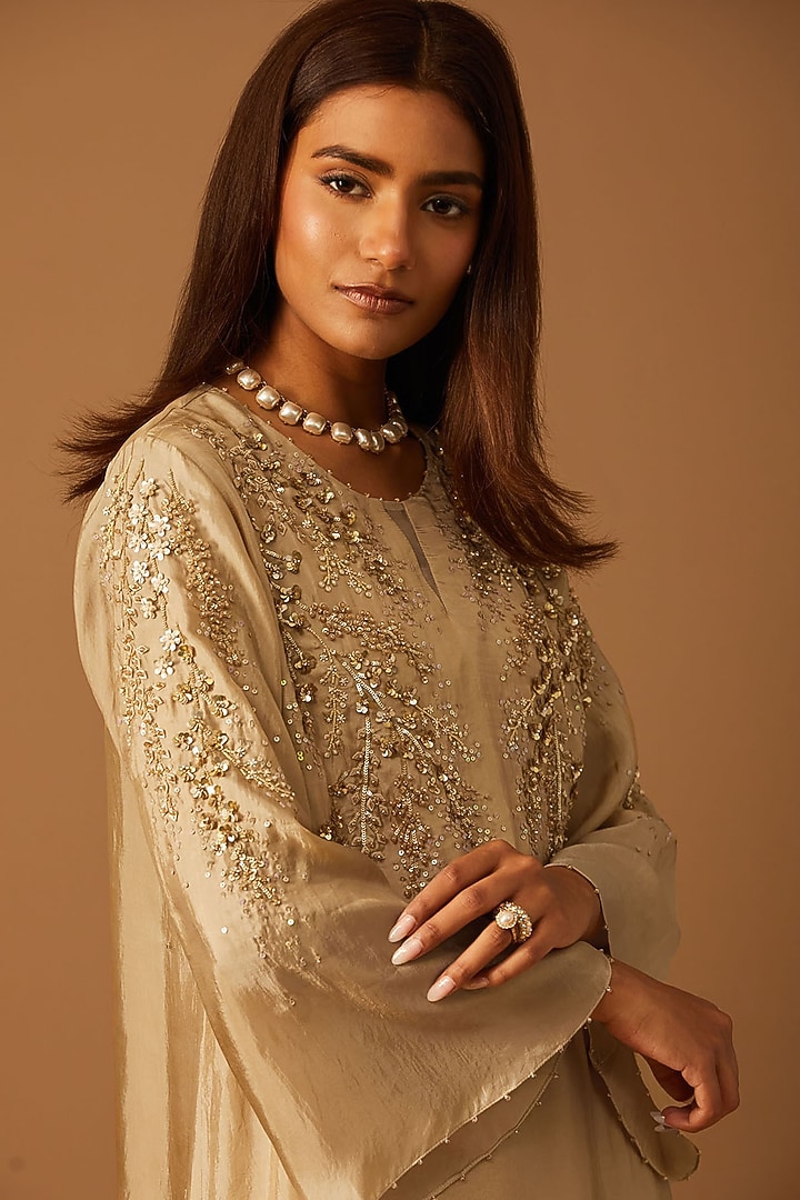 Shell-Colored Silk Hand Embroidered Wedding Sharara Set by One not two at Pernia's Pop Up Shop