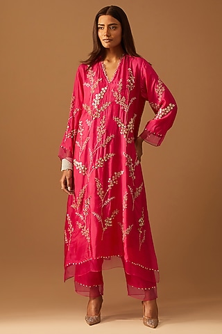 Hot Pink Silk Hand Embroidered Kurta Set by One not two