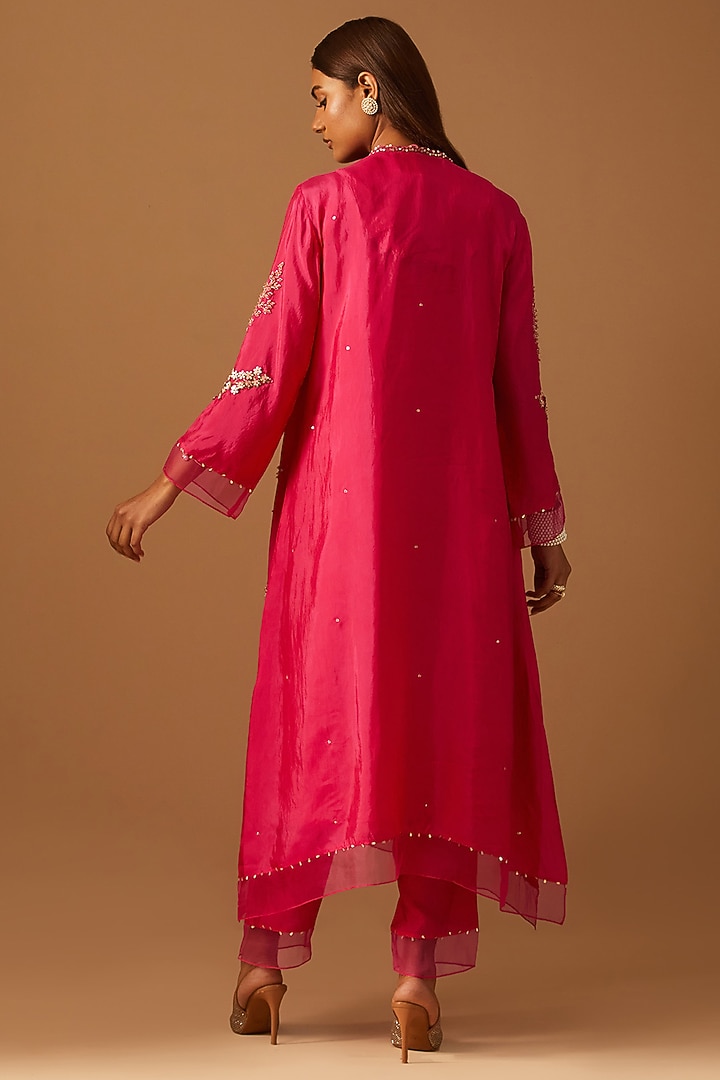 Hot Pink Silk Hand Embroidered Kurta Set by One not two at Pernia's Pop Up Shop