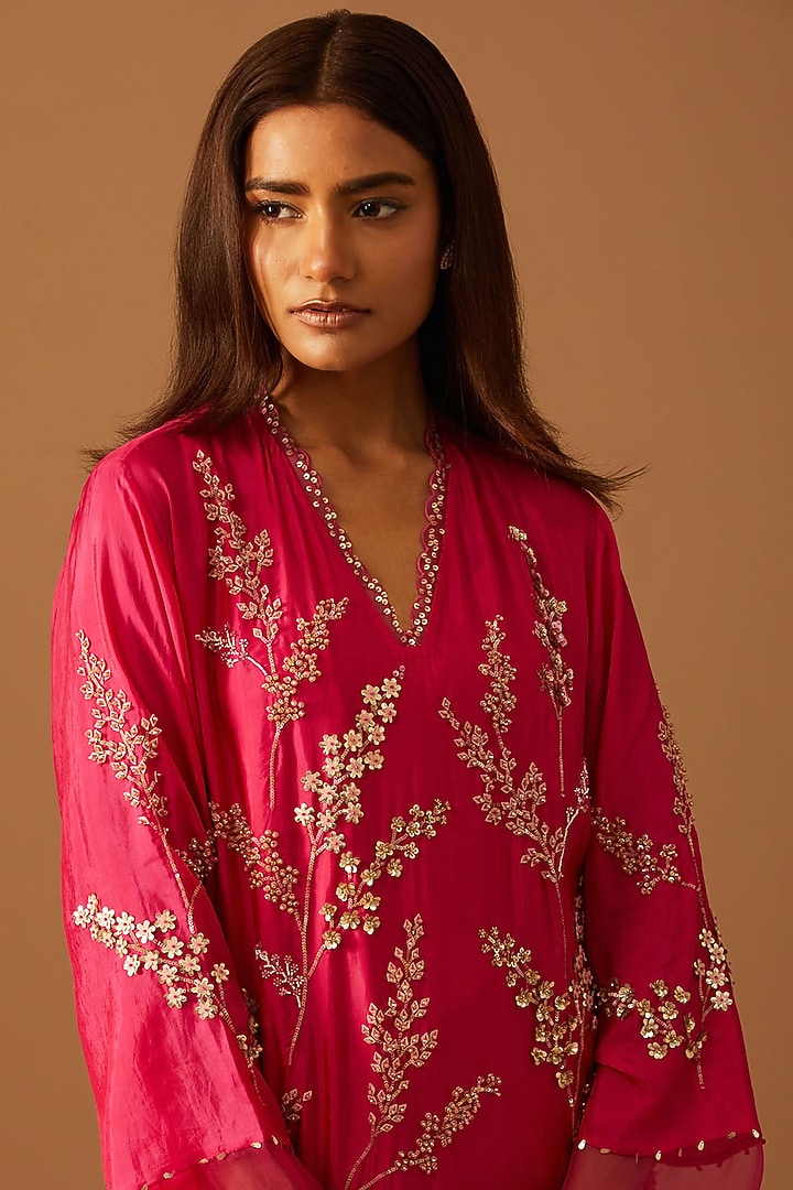 Hot Pink Silk Hand Embroidered Kurta Set by One not two at Pernia's Pop Up Shop
