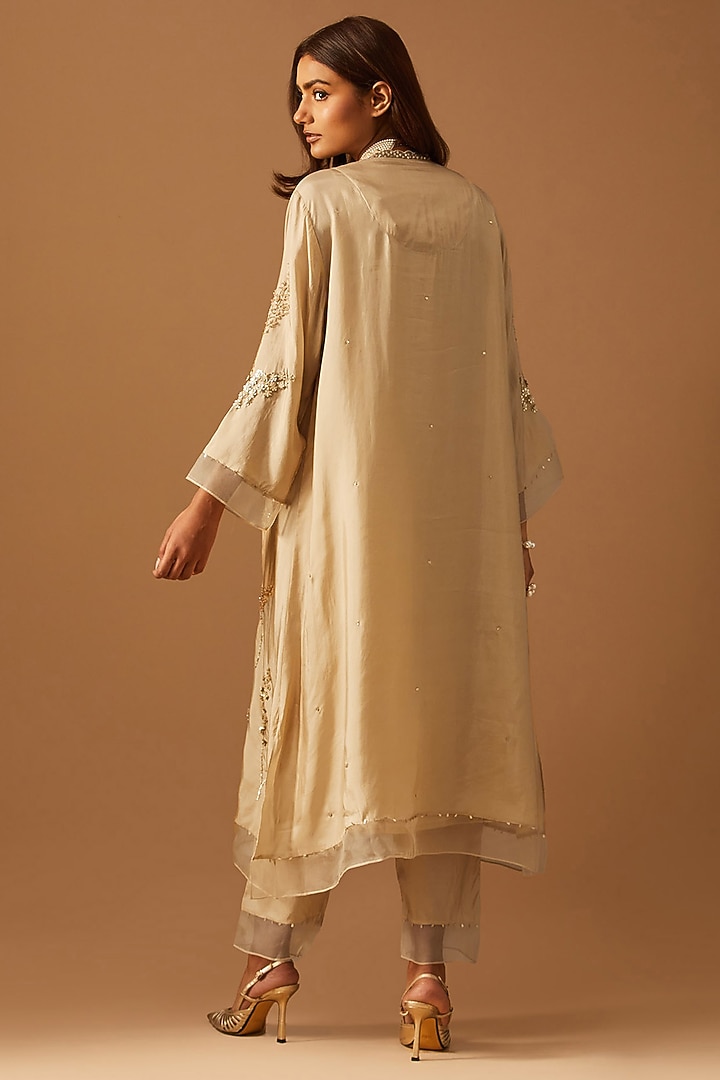 Shell-Colored Silk Hand Embroidered Kurta Set by One not two at Pernia's Pop Up Shop