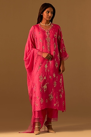Hot Pink Silk Organza Dupatta by One not two