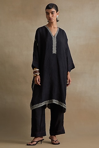Black Silk Thread Hand Embroidered Kaftan Set by One not two