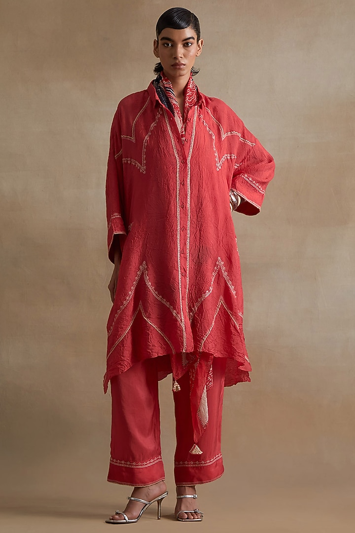 Tomato Colored Silk Thread Embroidered Kurta Set by One not two at Pernia's Pop Up Shop