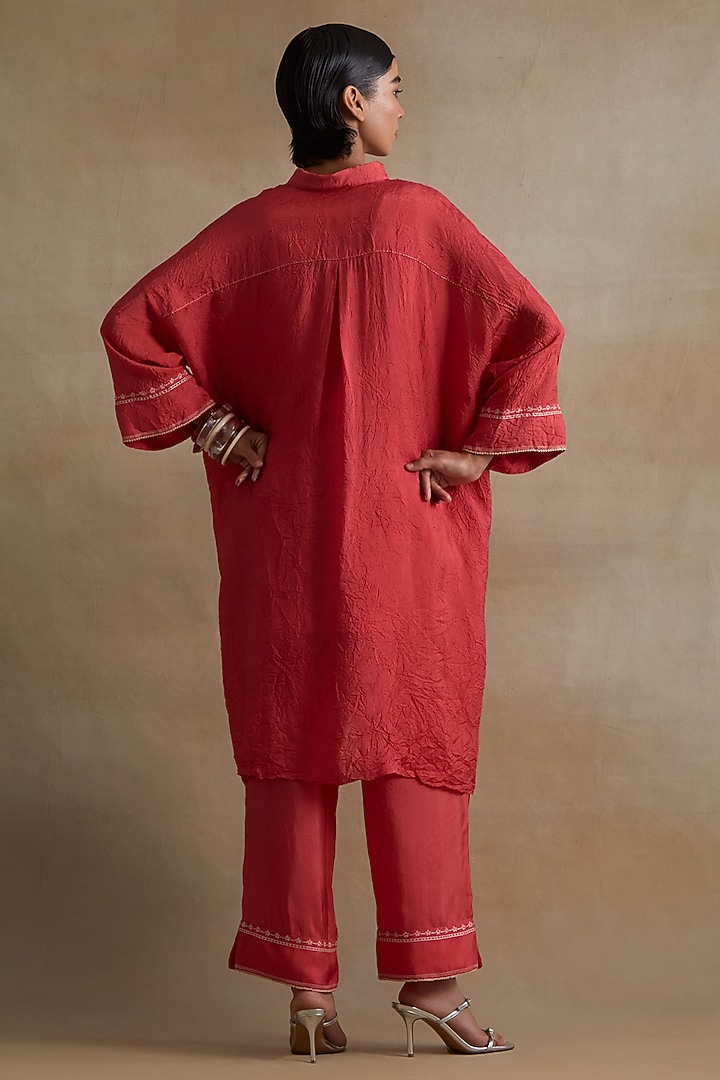Tomato Colored Silk Thread Embroidered Kurta Set by One not two at Pernia's Pop Up Shop