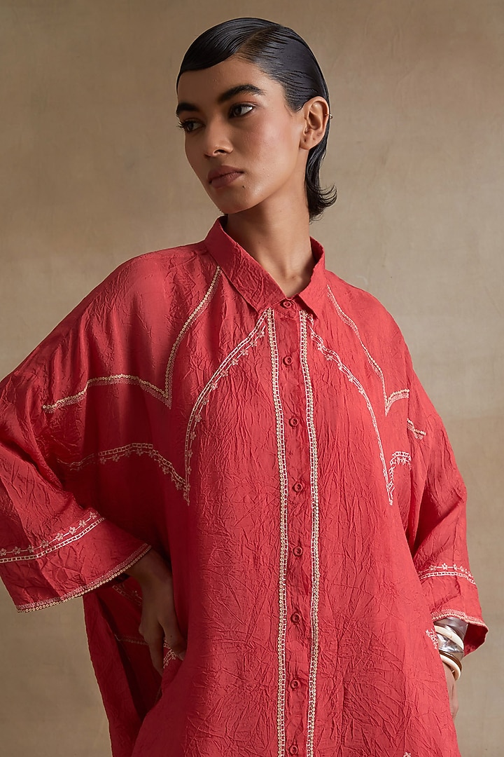 Tomato Colored Silk Thread Embroidered Kurta Set by One not two at Pernia's Pop Up Shop