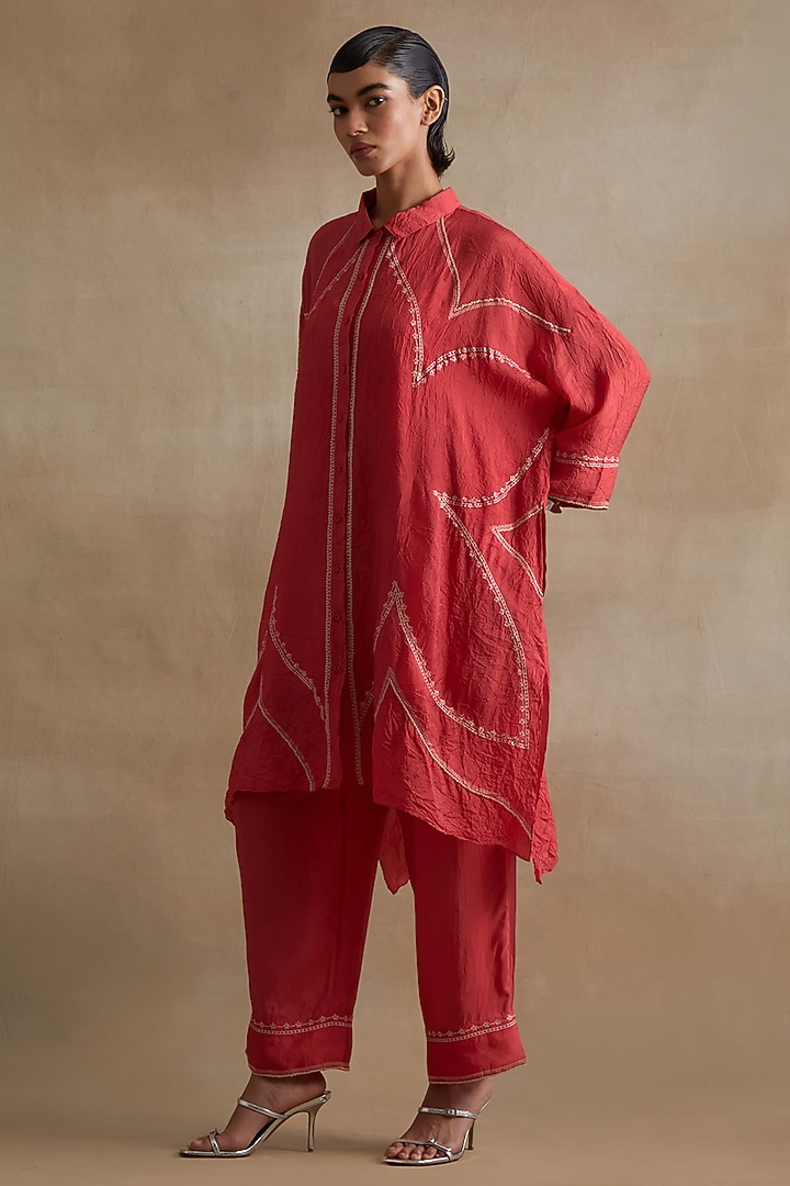 Tomato Colored Silk Thread Embroidered Kurta Set by One not two at Pernia's Pop Up Shop