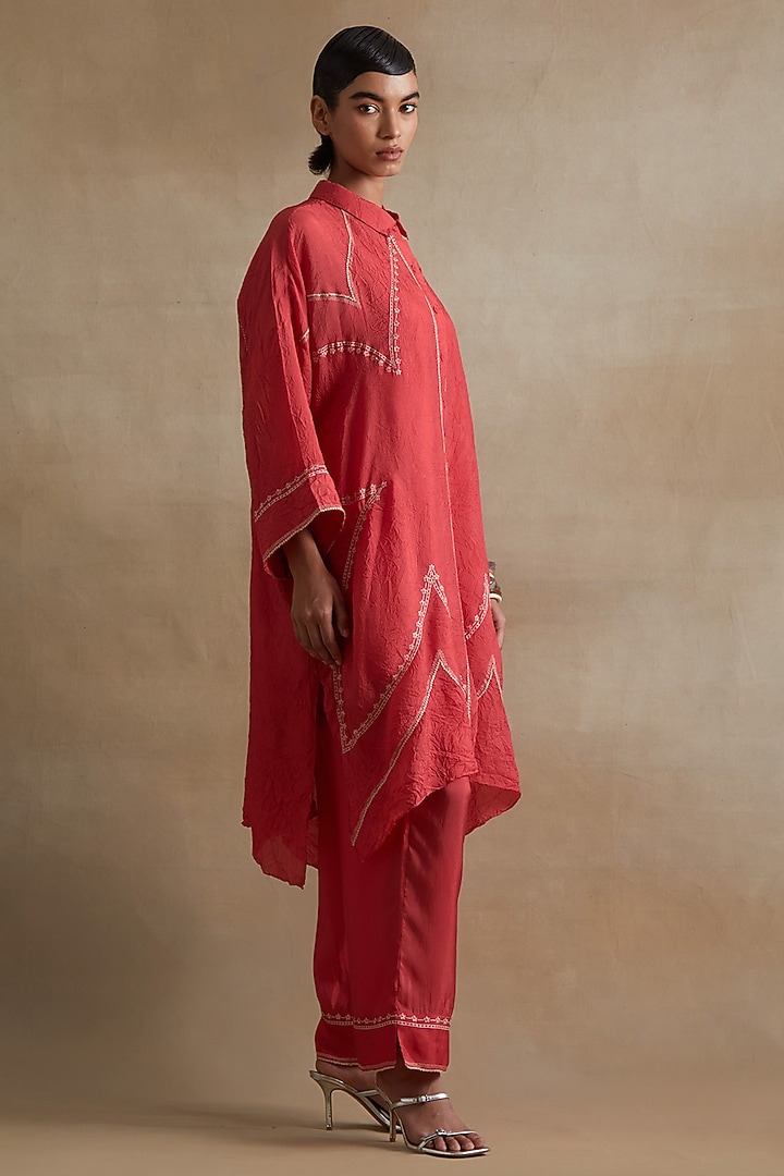Tomato Colored Silk Thread Embroidered Kurta Set by One not two at Pernia's Pop Up Shop