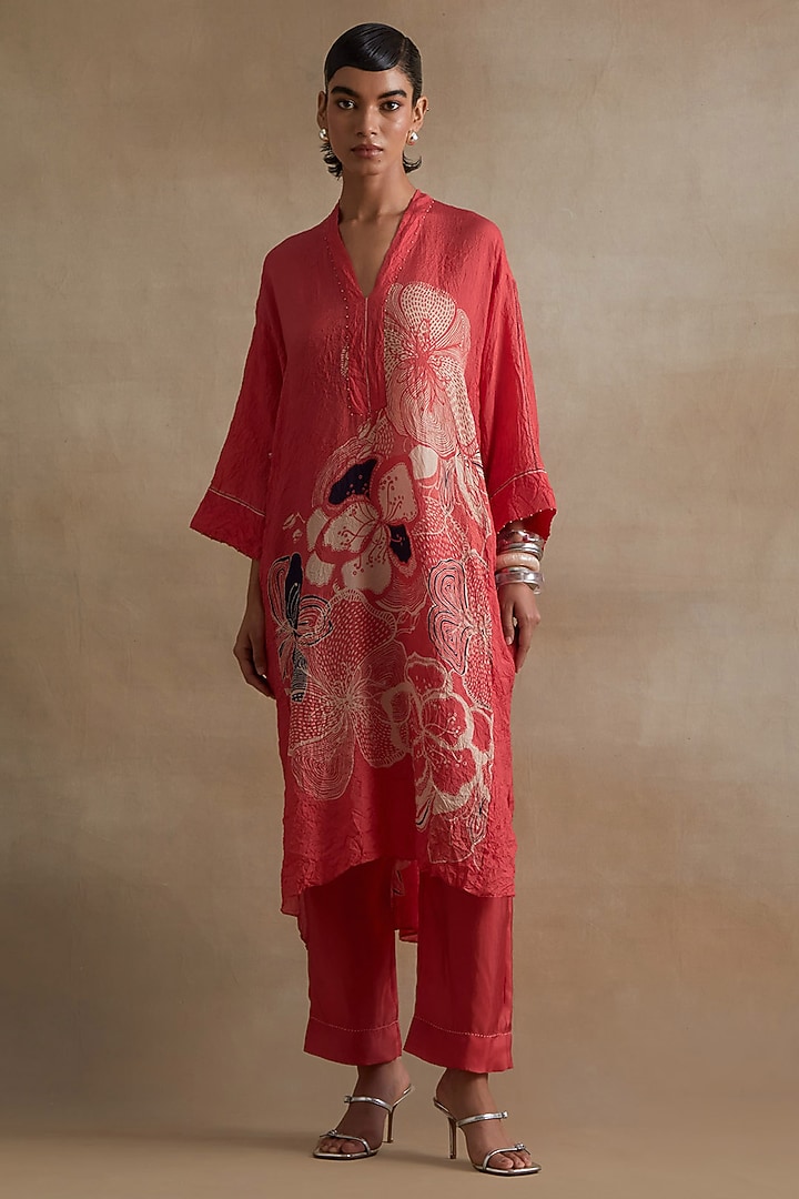 Tomato Colored Silk Hand Embroidered Kurta Set by One not two at Pernia's Pop Up Shop