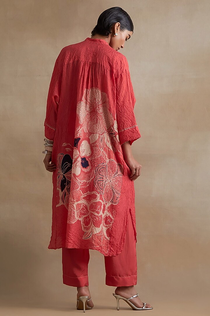 Tomato Colored Silk Hand Embroidered Kurta Set by One not two at Pernia's Pop Up Shop