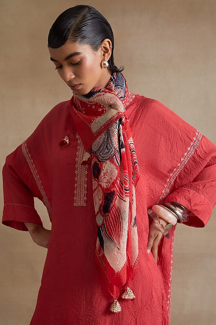 Tomato Colored Silk Hand Embroidered Kurta Set by One not two at Pernia's Pop Up Shop