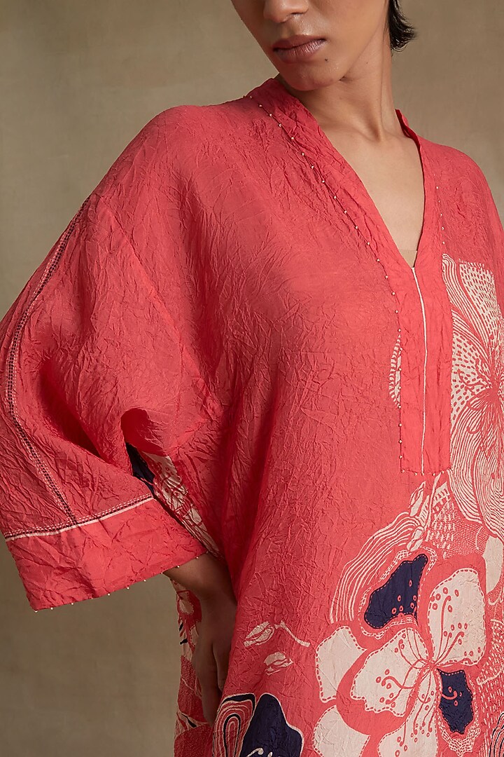 Tomato Colored Silk Hand Embroidered Kurta Set by One not two at Pernia's Pop Up Shop