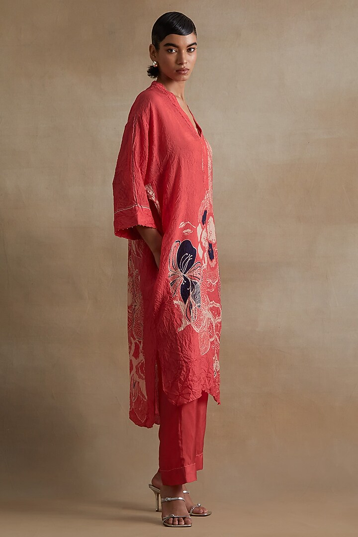 Tomato Colored Silk Hand Embroidered Kurta Set by One not two at Pernia's Pop Up Shop