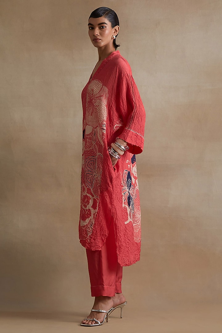 Tomato Colored Silk Hand Embroidered Kurta Set by One not two at Pernia's Pop Up Shop
