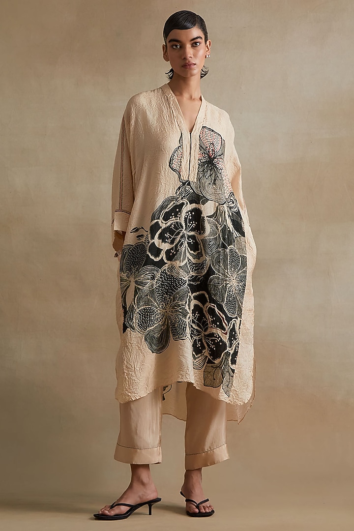 Clay Colored Silk Bead Hand Embroidered Kurta Set by One not two at Pernia's Pop Up Shop
