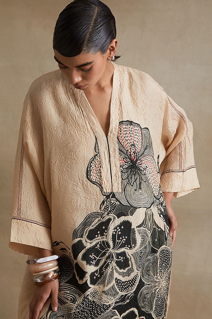 Clay Colored Silk Bead Hand Embroidered Kurta Set by One not two at Pernia's Pop Up Shop