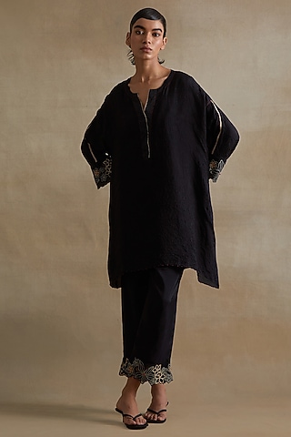 Black Silk Floral Cutwork Tunic Set by One not two