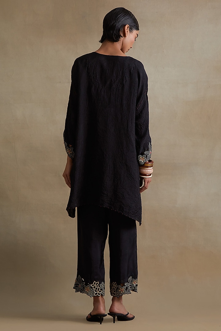 Black Silk Floral Cutwork Tunic Set by One not two at Pernia's Pop Up Shop