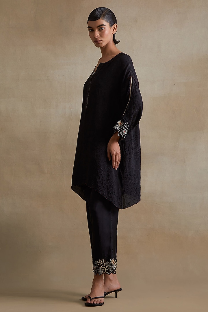 Black Silk Floral Cutwork Tunic Set by One not two at Pernia's Pop Up Shop