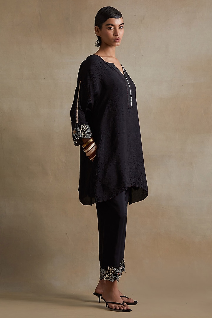 Black Silk Floral Cutwork Tunic Set by One not two at Pernia's Pop Up Shop