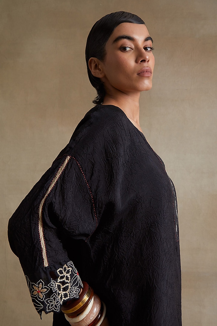 Black Silk Floral Cutwork Tunic Set by One not two at Pernia's Pop Up Shop