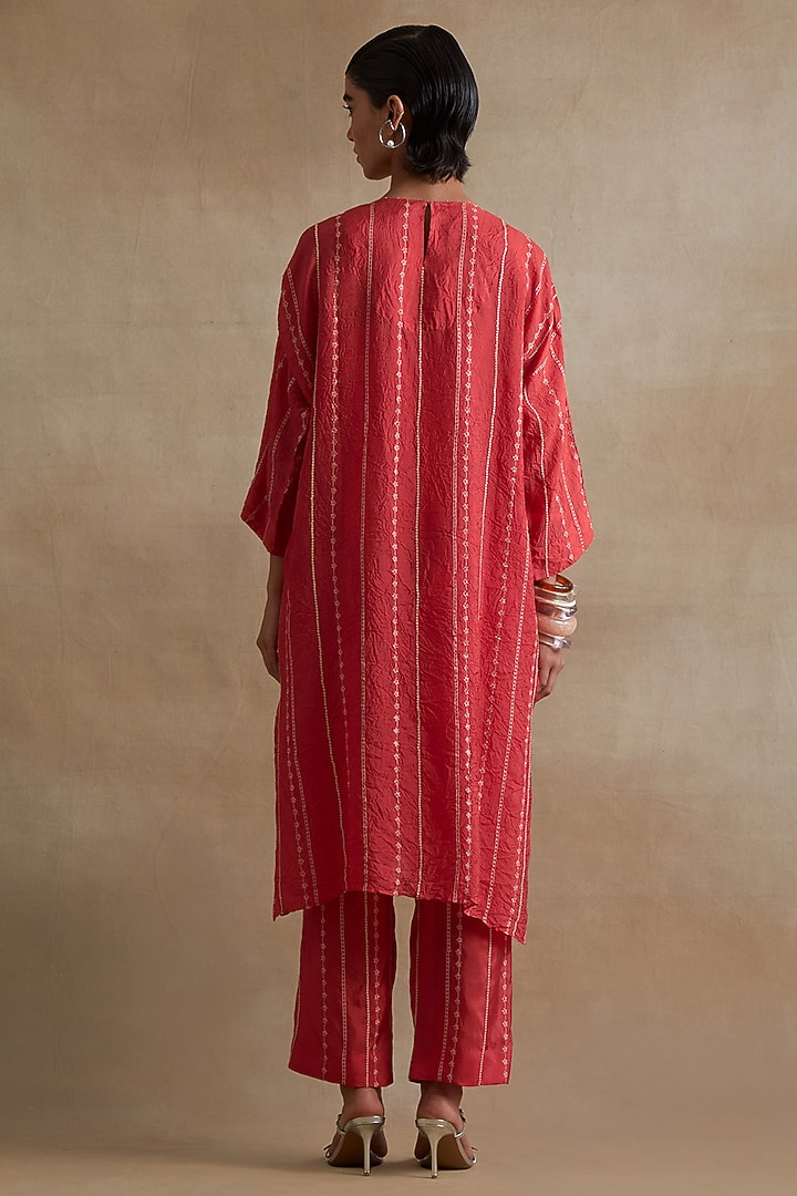 Tomato Colored Silk Thread Embroidered Kurta Set by One not two at Pernia's Pop Up Shop