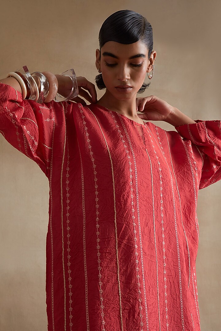Tomato Colored Silk Thread Embroidered Kurta Set by One not two at Pernia's Pop Up Shop